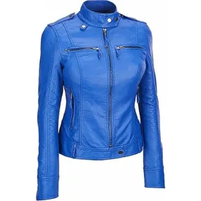 Motorcycle Bomber Biker Blue Real Leather Jacket For Women