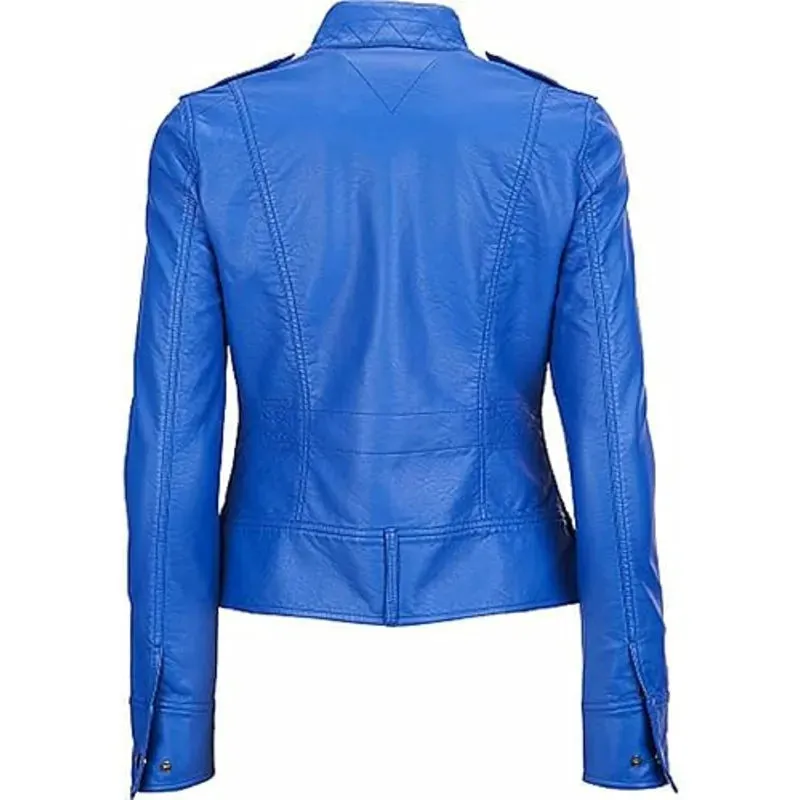 Motorcycle Bomber Biker Blue Real Leather Jacket For Women