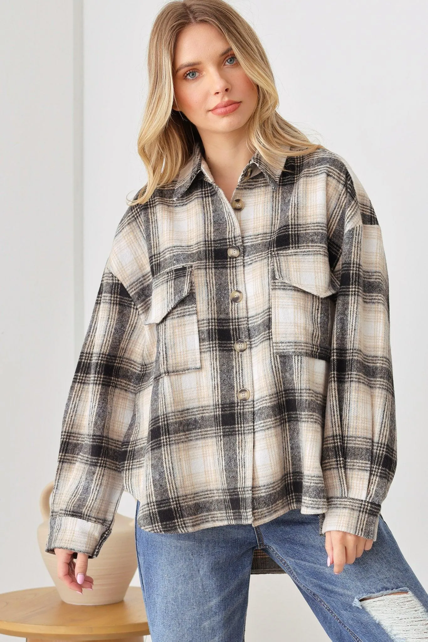 Nashville Country Plaid Long Sleeve Turn Down Collar Oversize Shirt Shacket Jacket