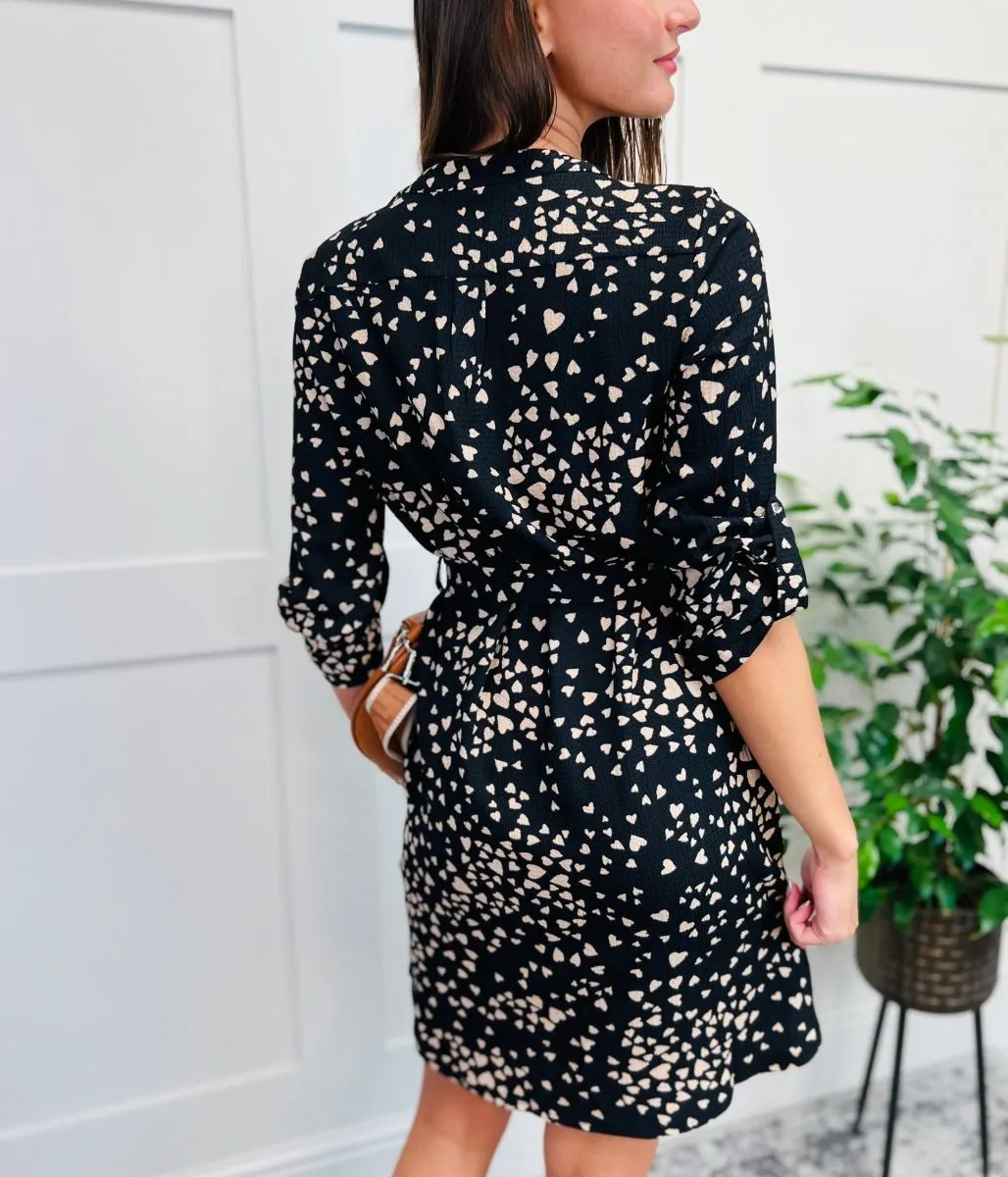 Natural Heart Print Belted Shirt Dress