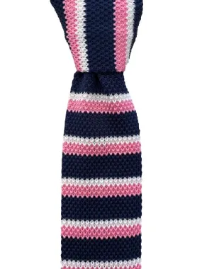 Navy Blue, Pink and White Striped Knit Tie