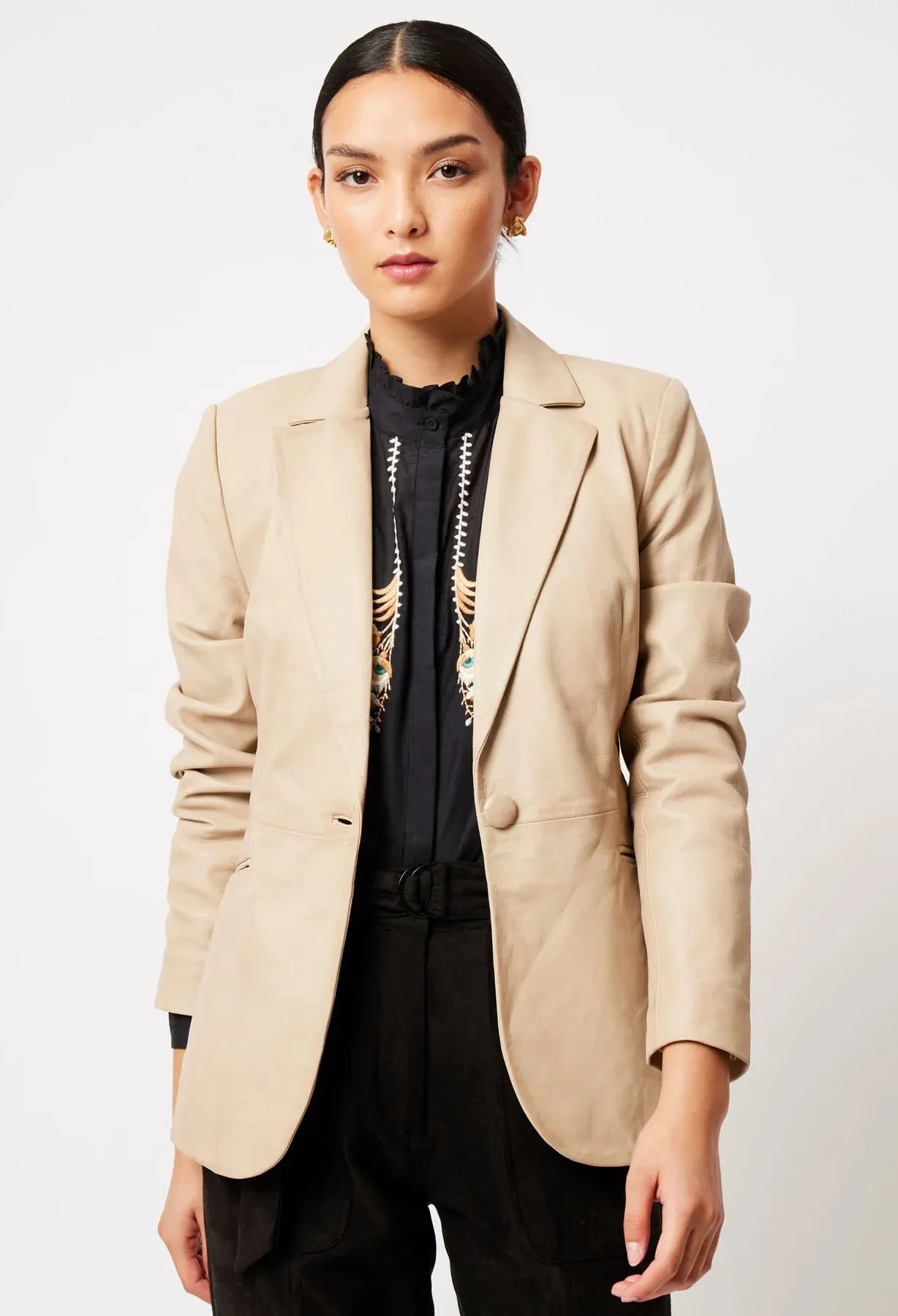 ONCE WAS -  Vega Elastic Back Leather Blazer Oatmeal