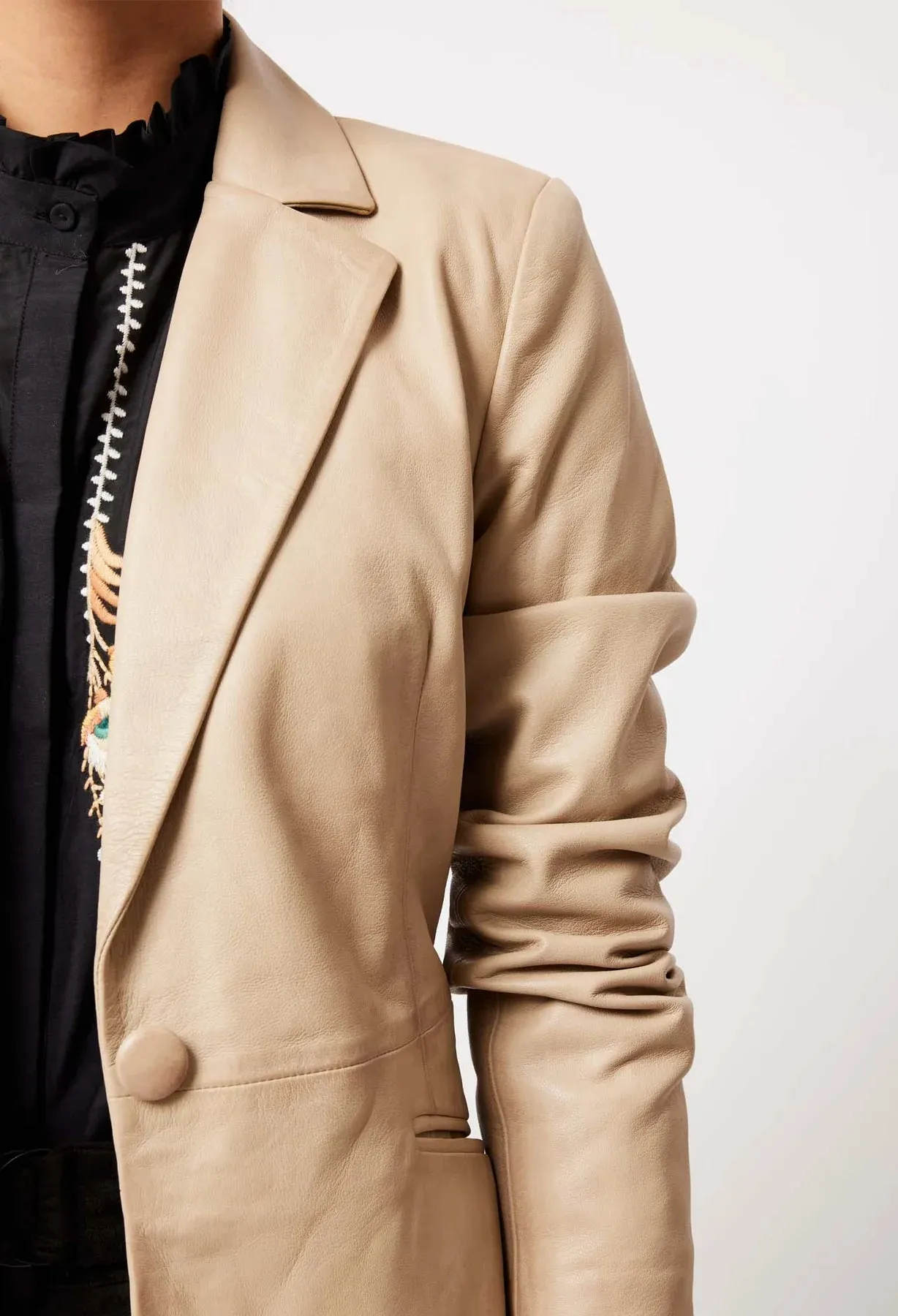 ONCE WAS -  Vega Elastic Back Leather Blazer Oatmeal