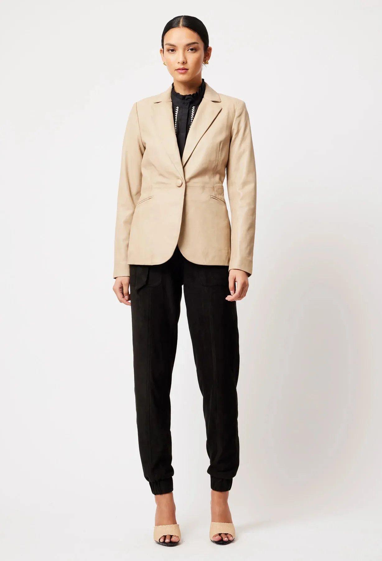 ONCE WAS -  Vega Elastic Back Leather Blazer Oatmeal