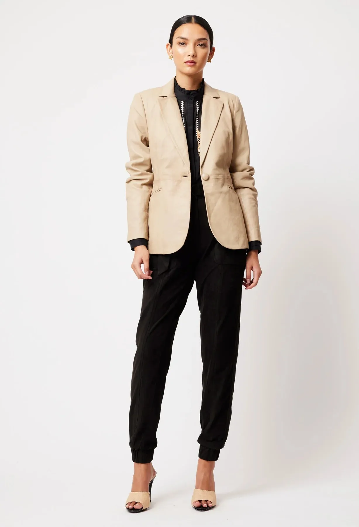 ONCE WAS -  Vega Elastic Back Leather Blazer Oatmeal