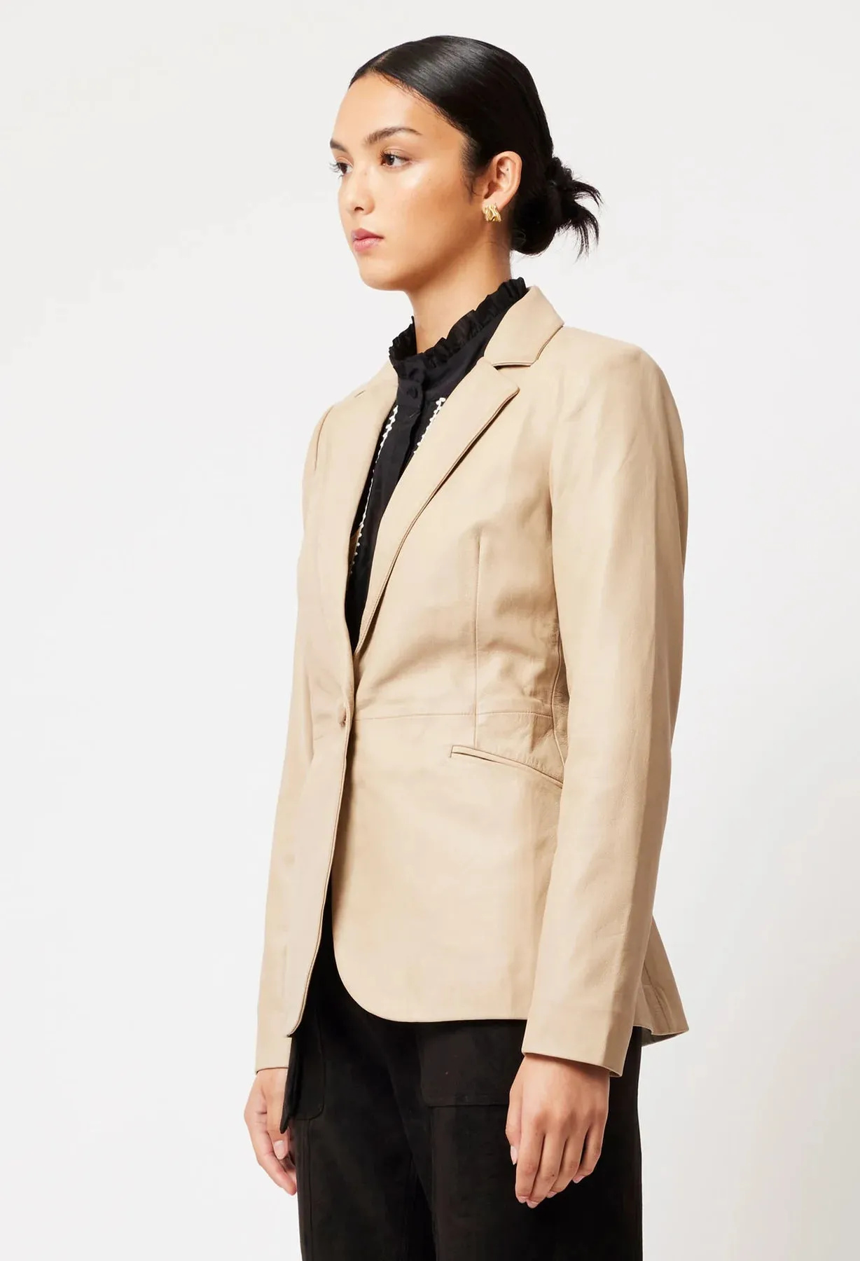 ONCE WAS -  Vega Elastic Back Leather Blazer Oatmeal