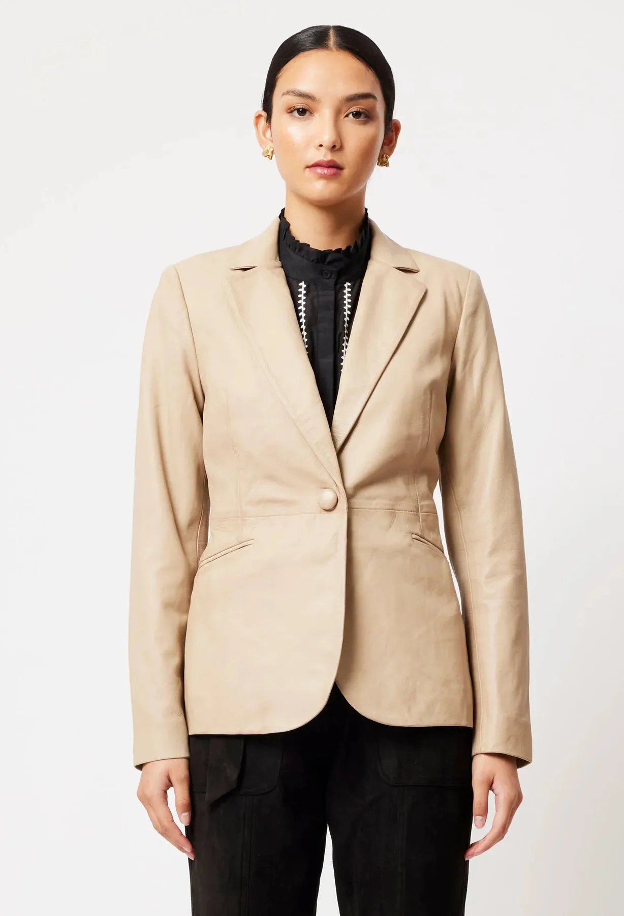 ONCE WAS -  Vega Elastic Back Leather Blazer Oatmeal