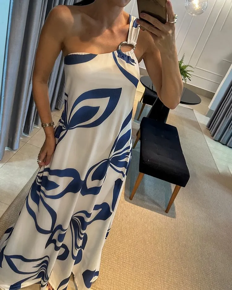 ONE SHOULDER STRAP PRINTED DRESS