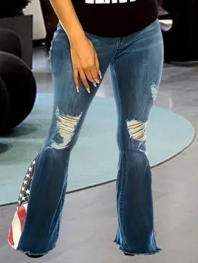 Plus Size High-Waist Flare Leg Stretch Jeans - Ripped Bell-Bottoms with American Flag Design, Raw Hem, Long Length, Cotton Blend, Machine Washable, Casual Denim Pants for Independence Day 4th of July, All-Season Wear