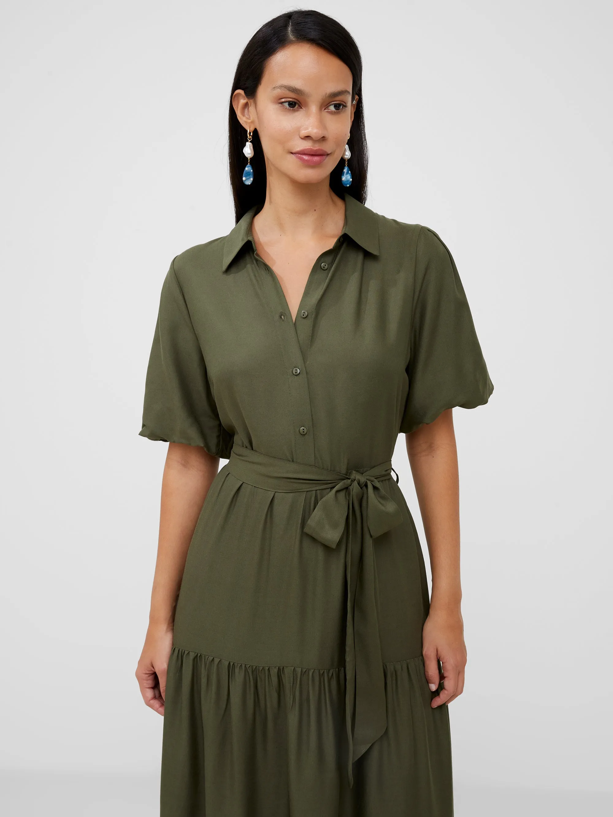 Puff Sleeve Tiered Midi Shirt Dress