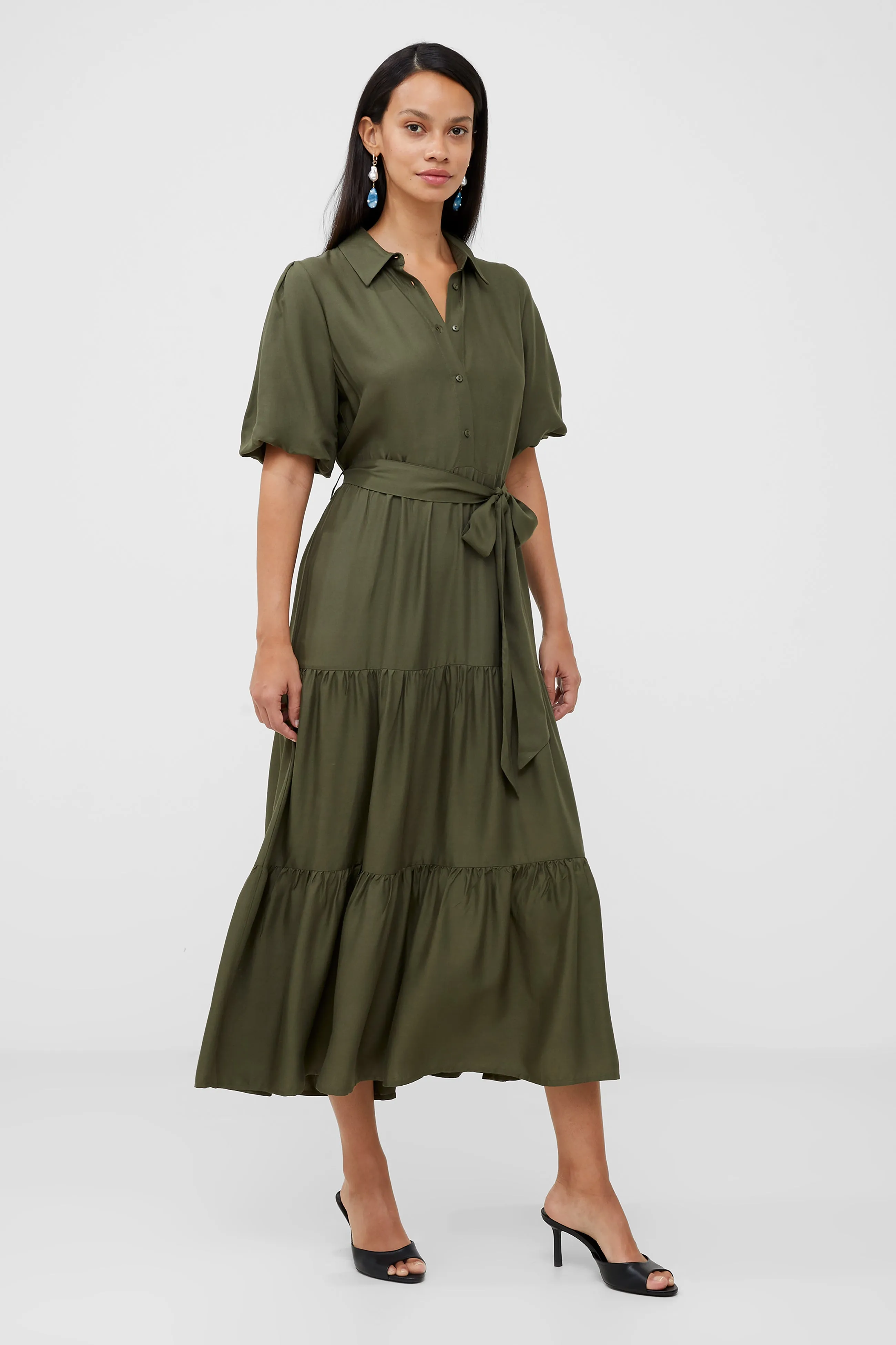 Puff Sleeve Tiered Midi Shirt Dress