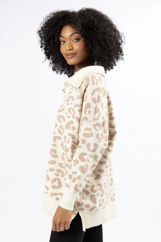 Pulling Heartstrings Tan And Cream Leopard Quarter Zip Pullover