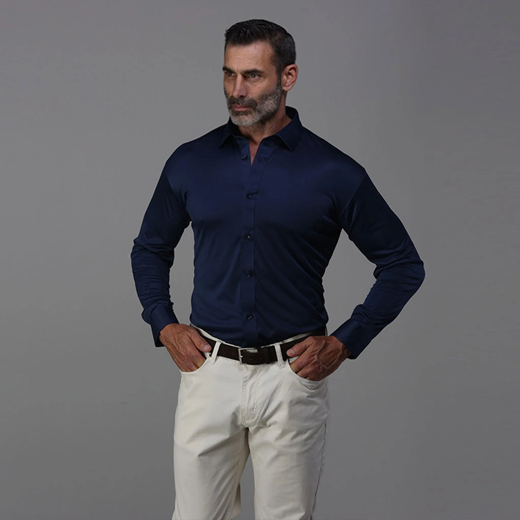 Quattro Flex Dress Shirt with Semi-Spread Collar Navy