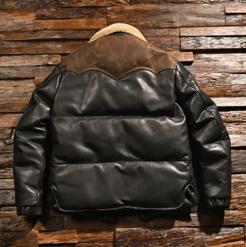 "Men's Genuine Sheepskin Leather Motorcycle Jacket with Stitched Cowhide Accents