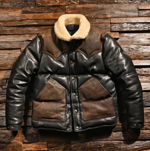 "Men's Genuine Sheepskin Leather Motorcycle Jacket with Stitched Cowhide Accents