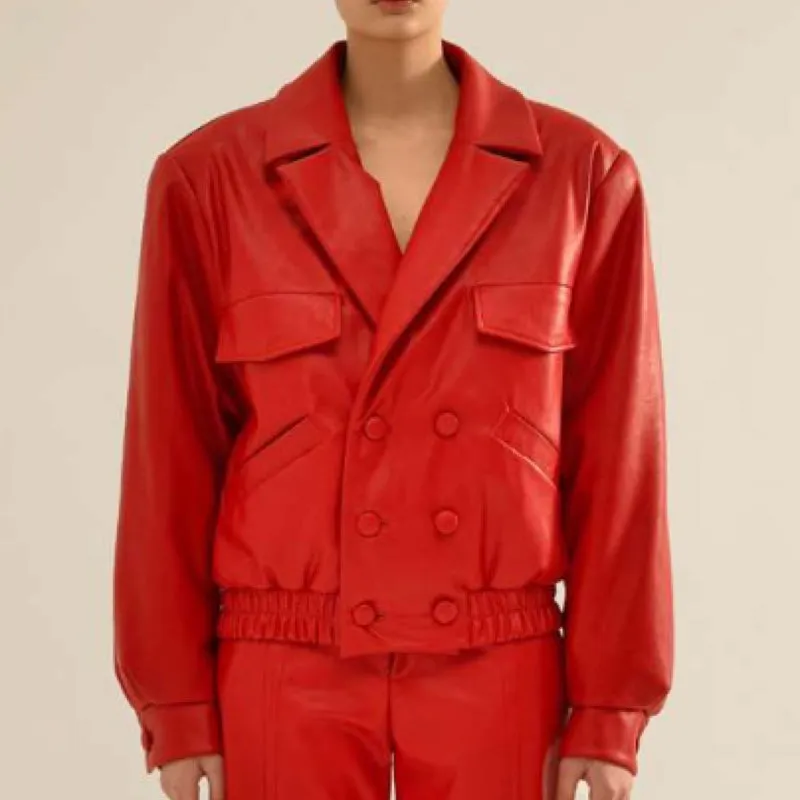 Red Vegan Leather Bomber Jacket