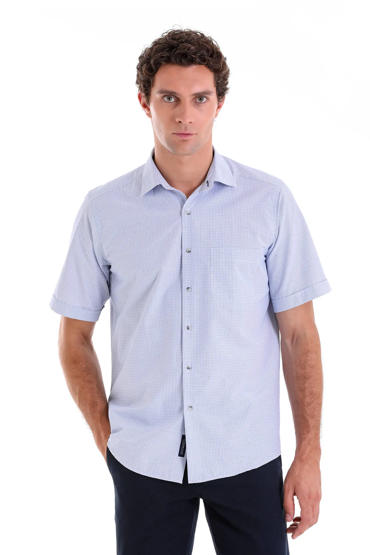 Regular Fit Plaid Cotton Blend Blue Dress Shirt