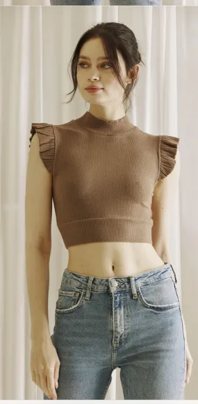 RUFFLE SHOULDER KNIT CROP TOP