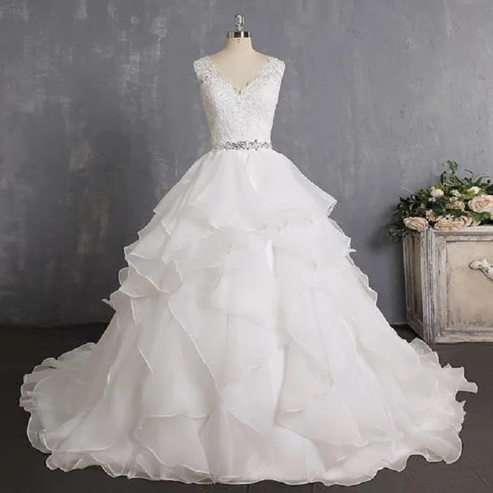 Ruffles Princess Wedding Dresses with Beaded Lace at Bling Brides