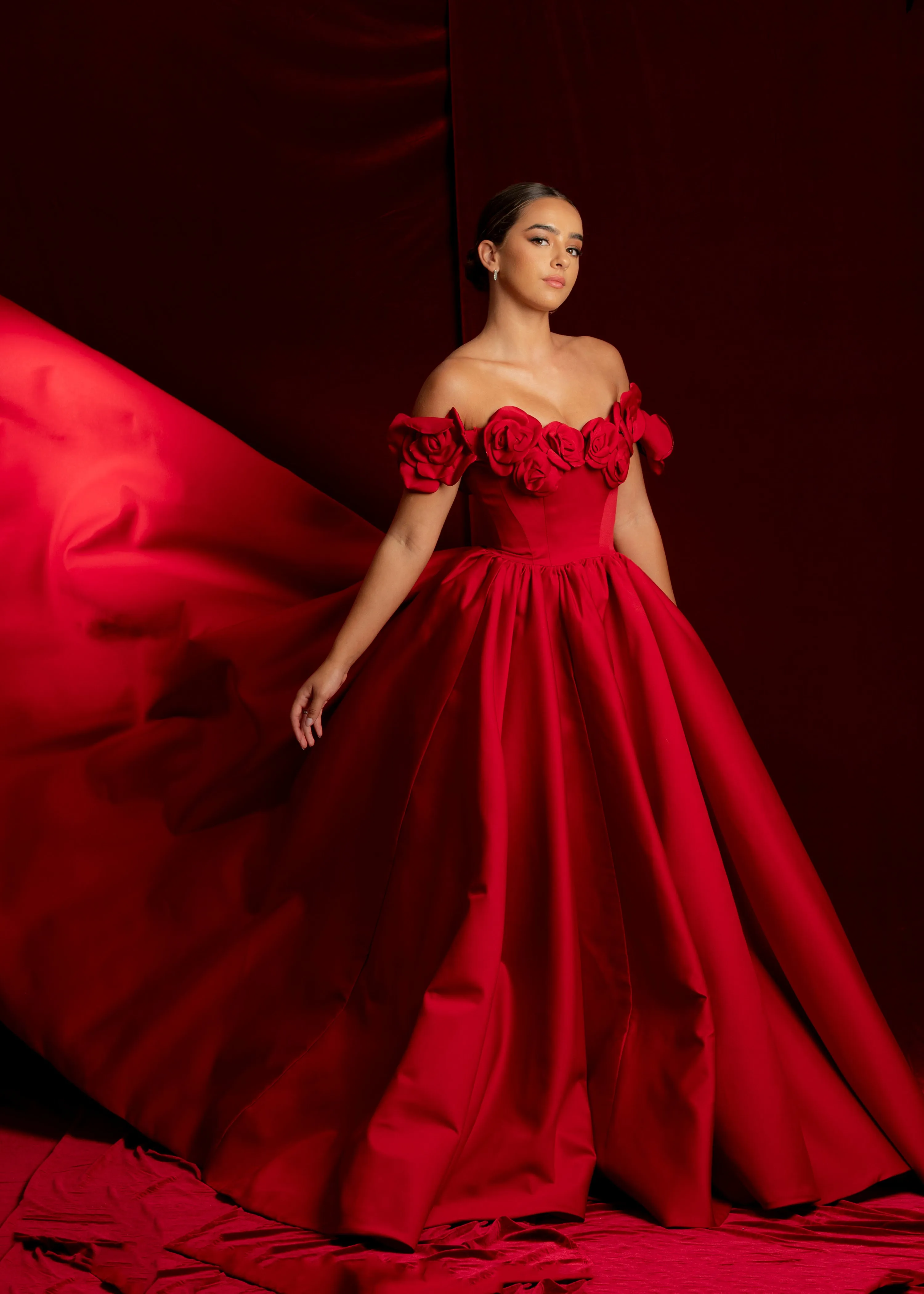 Satin red dress with 3D rose off the shoulder sleeves