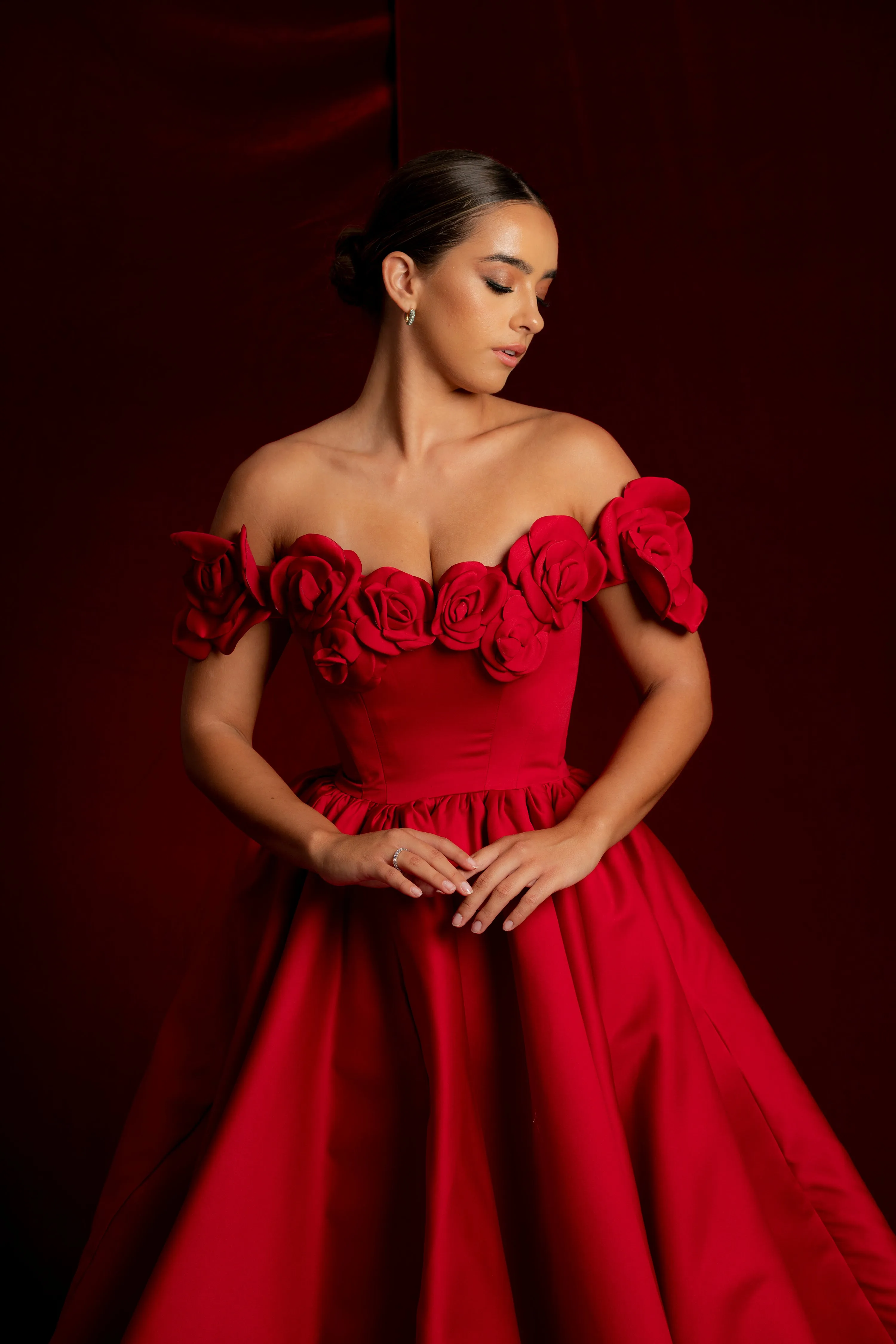 Satin red dress with 3D rose off the shoulder sleeves