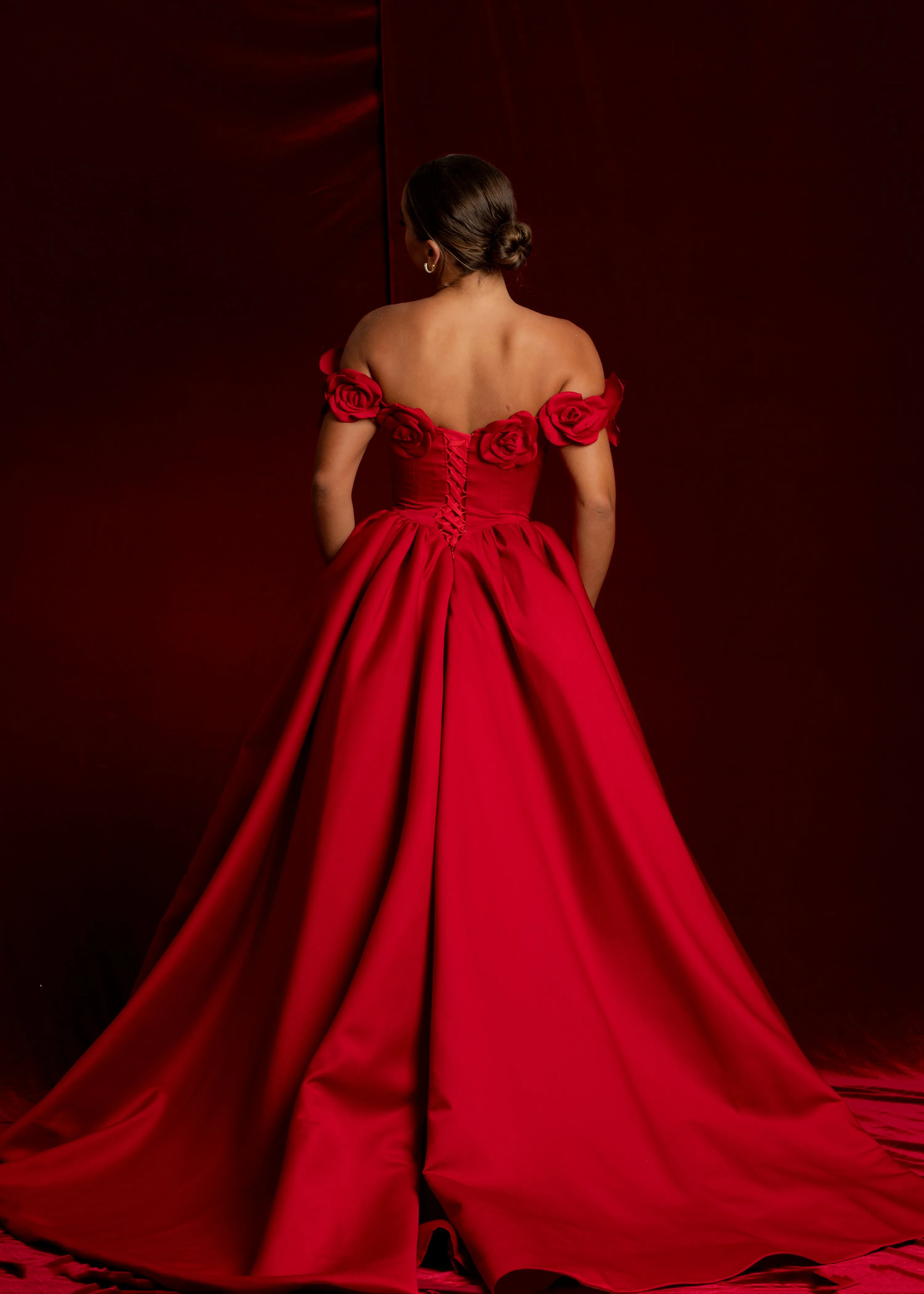 Satin red dress with 3D rose off the shoulder sleeves