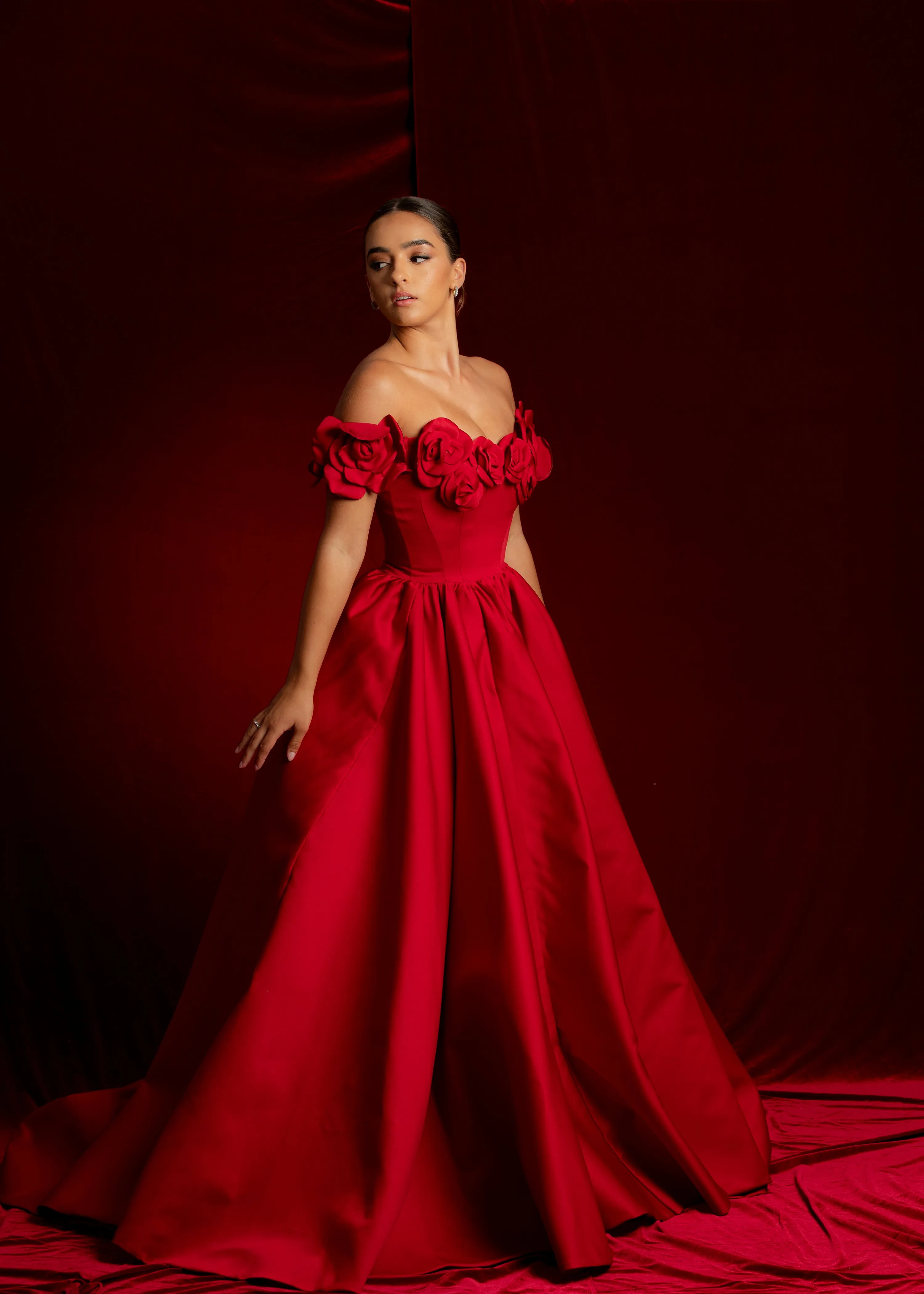 Satin red dress with 3D rose off the shoulder sleeves