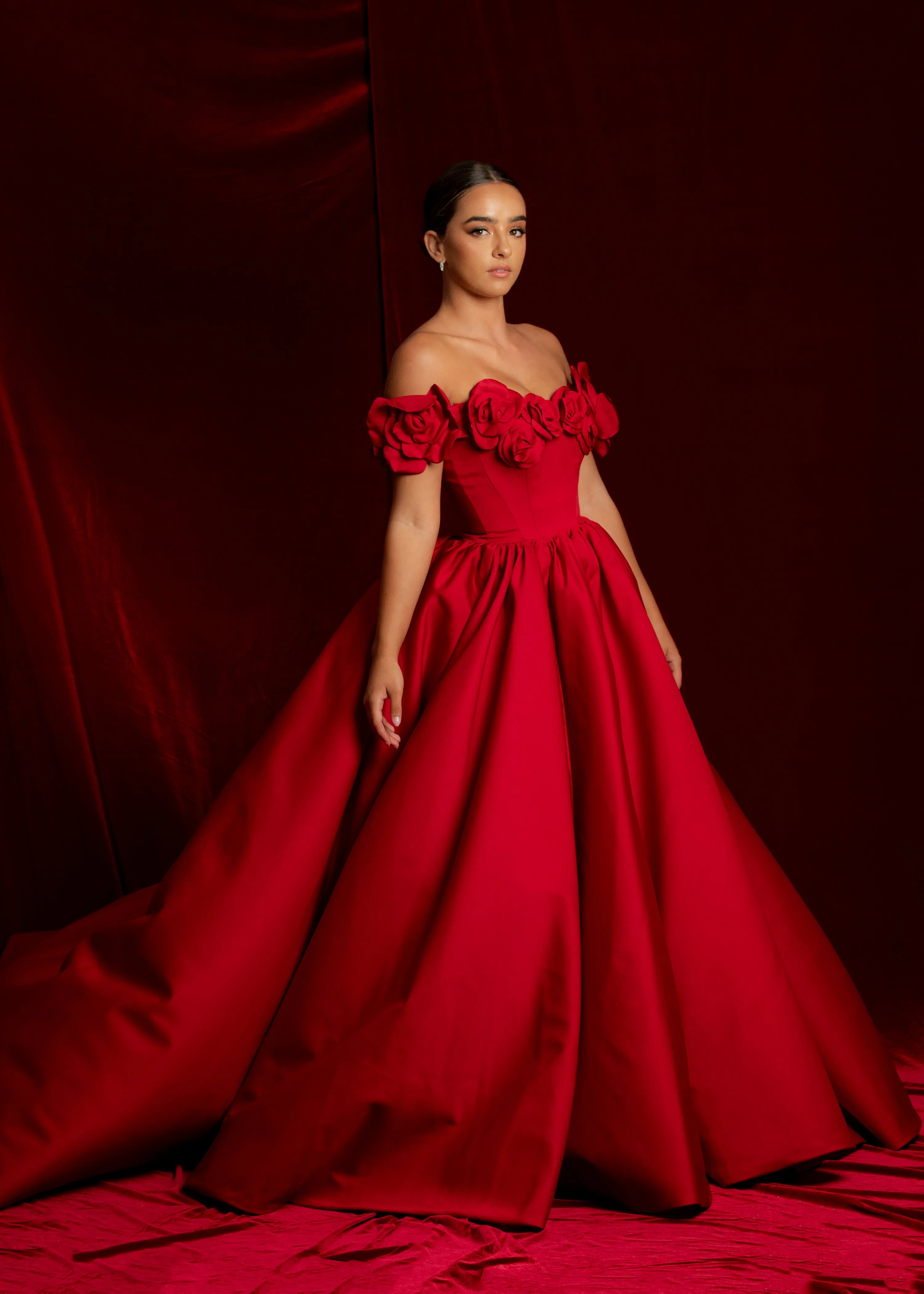 Satin red dress with 3D rose off the shoulder sleeves