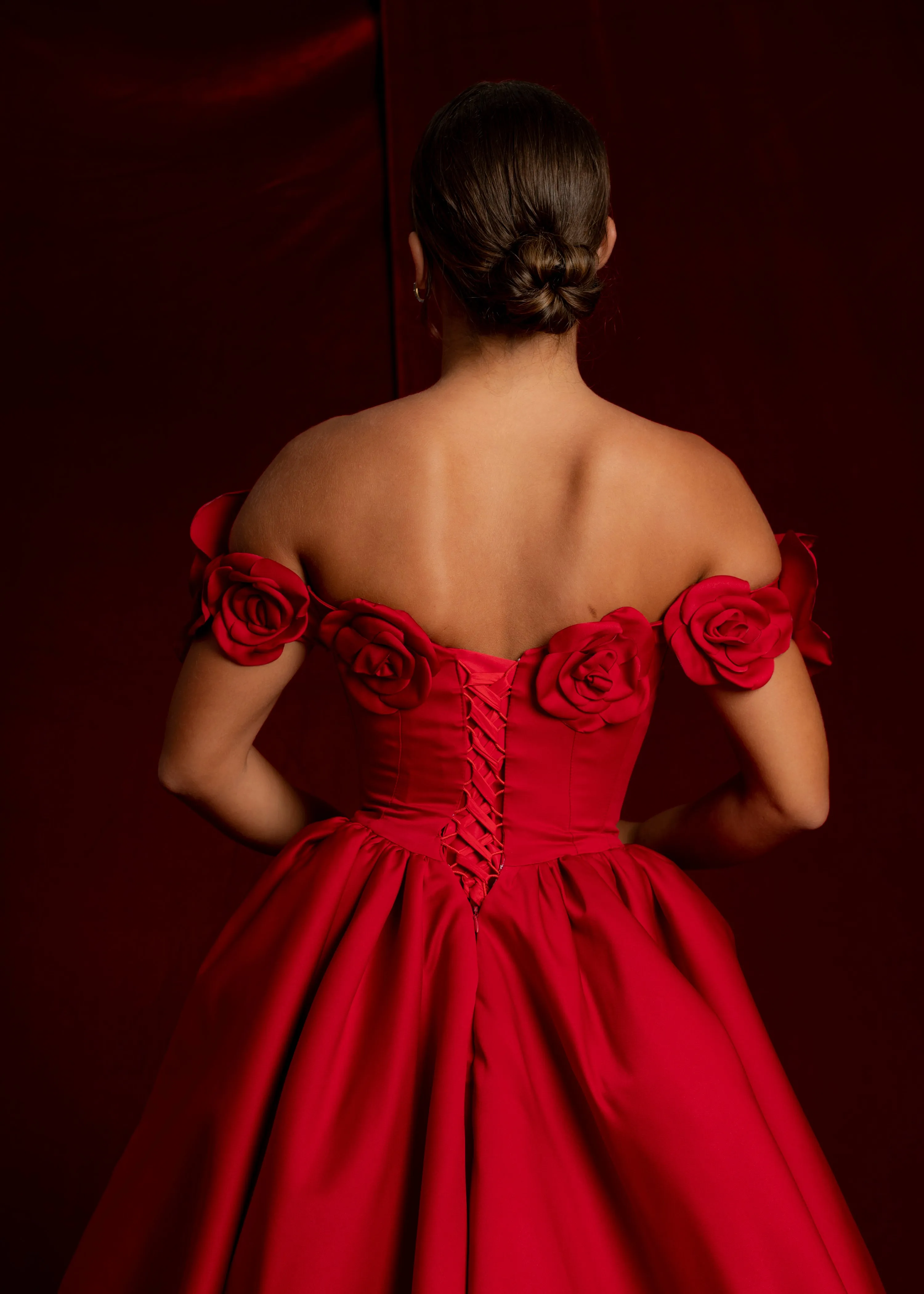 Satin red dress with 3D rose off the shoulder sleeves