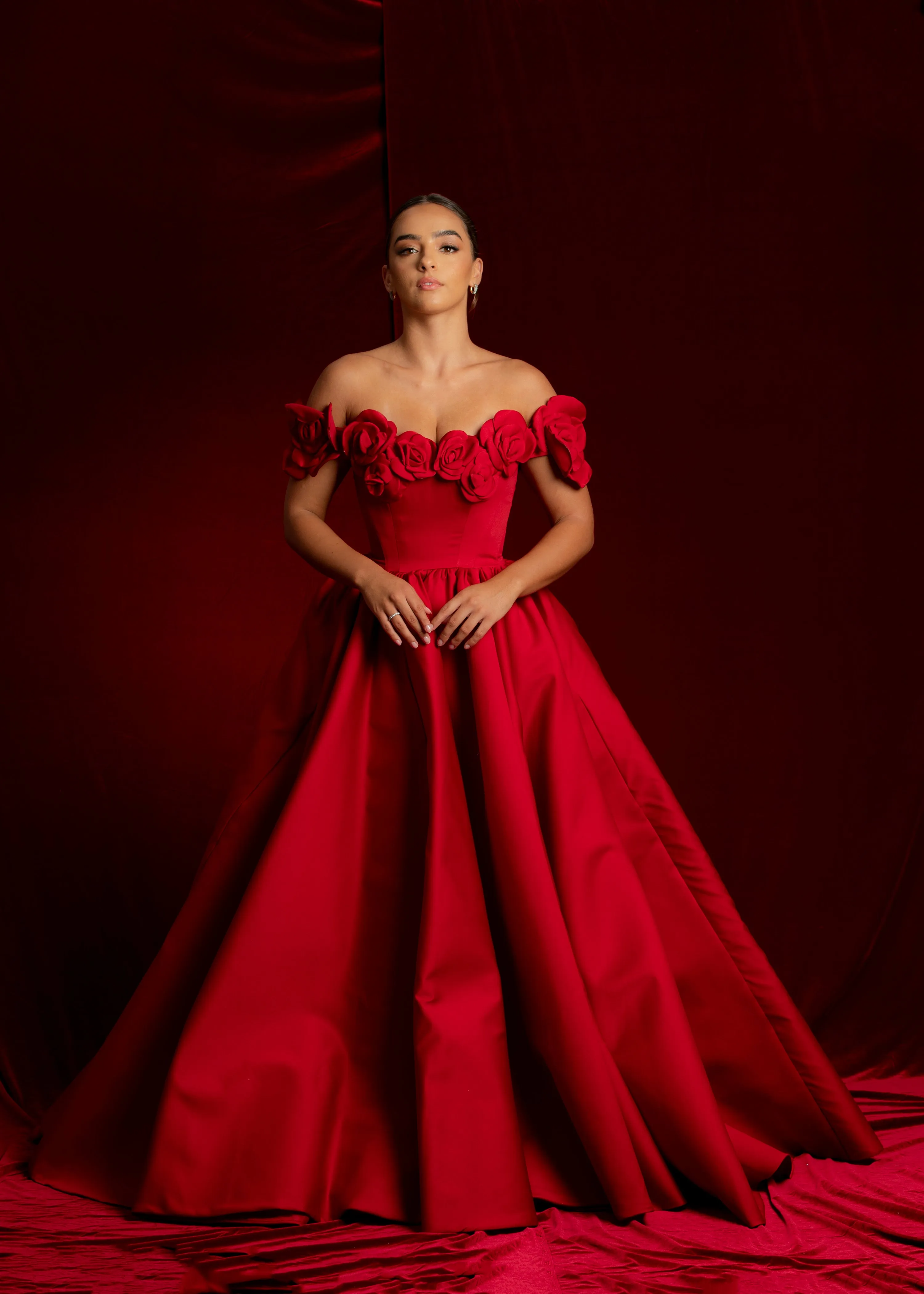 Satin red dress with 3D rose off the shoulder sleeves