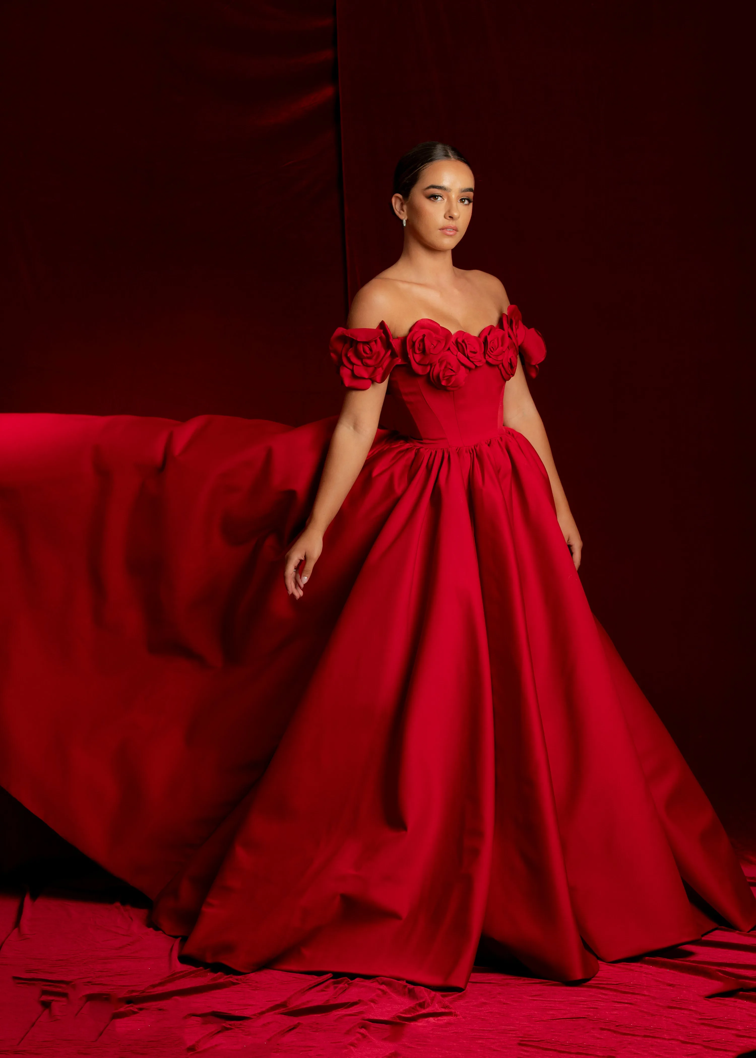 Satin red dress with 3D rose off the shoulder sleeves