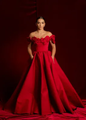 Satin red dress with 3D rose off the shoulder sleeves