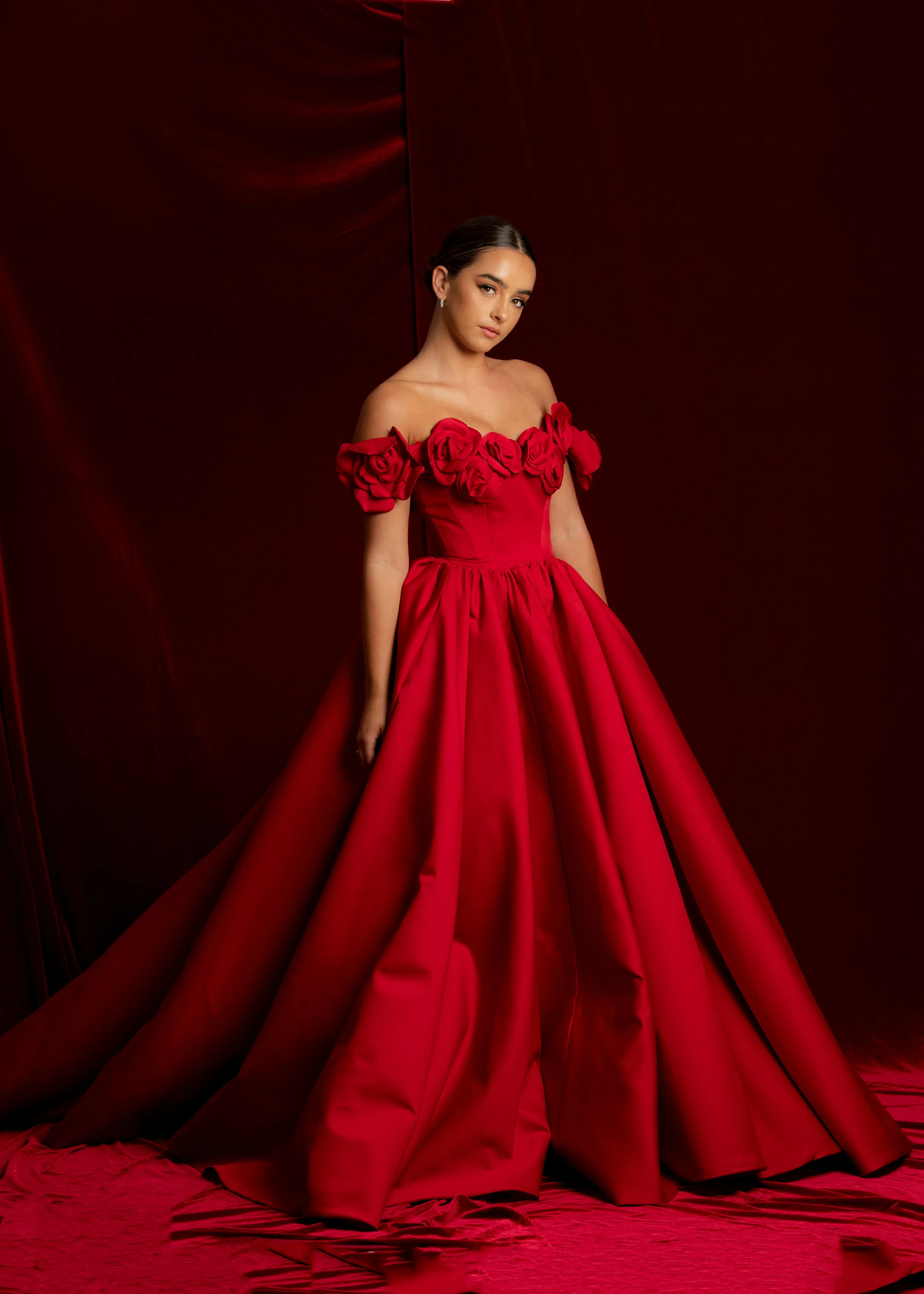 Satin red dress with 3D rose off the shoulder sleeves