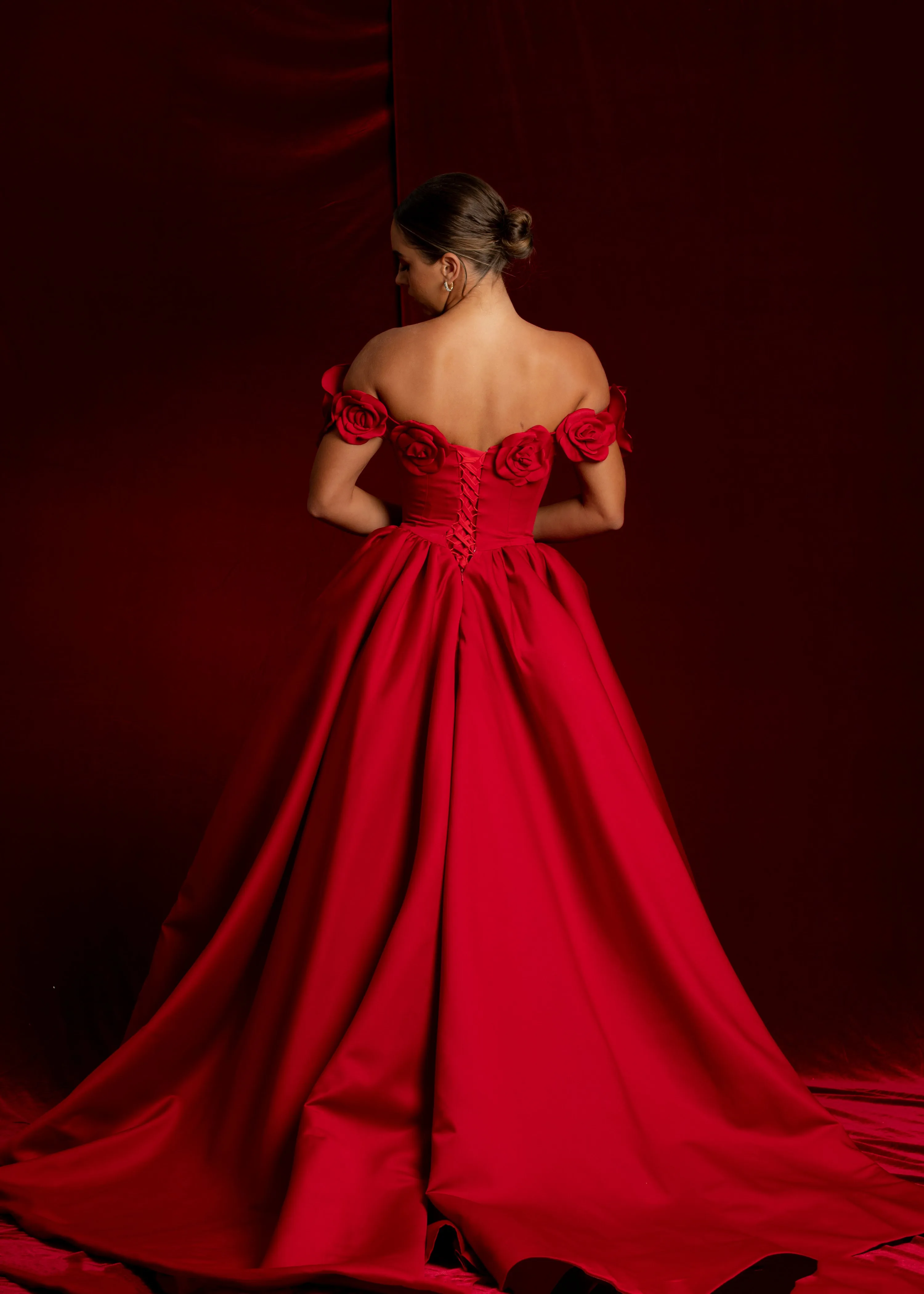 Satin red dress with 3D rose off the shoulder sleeves