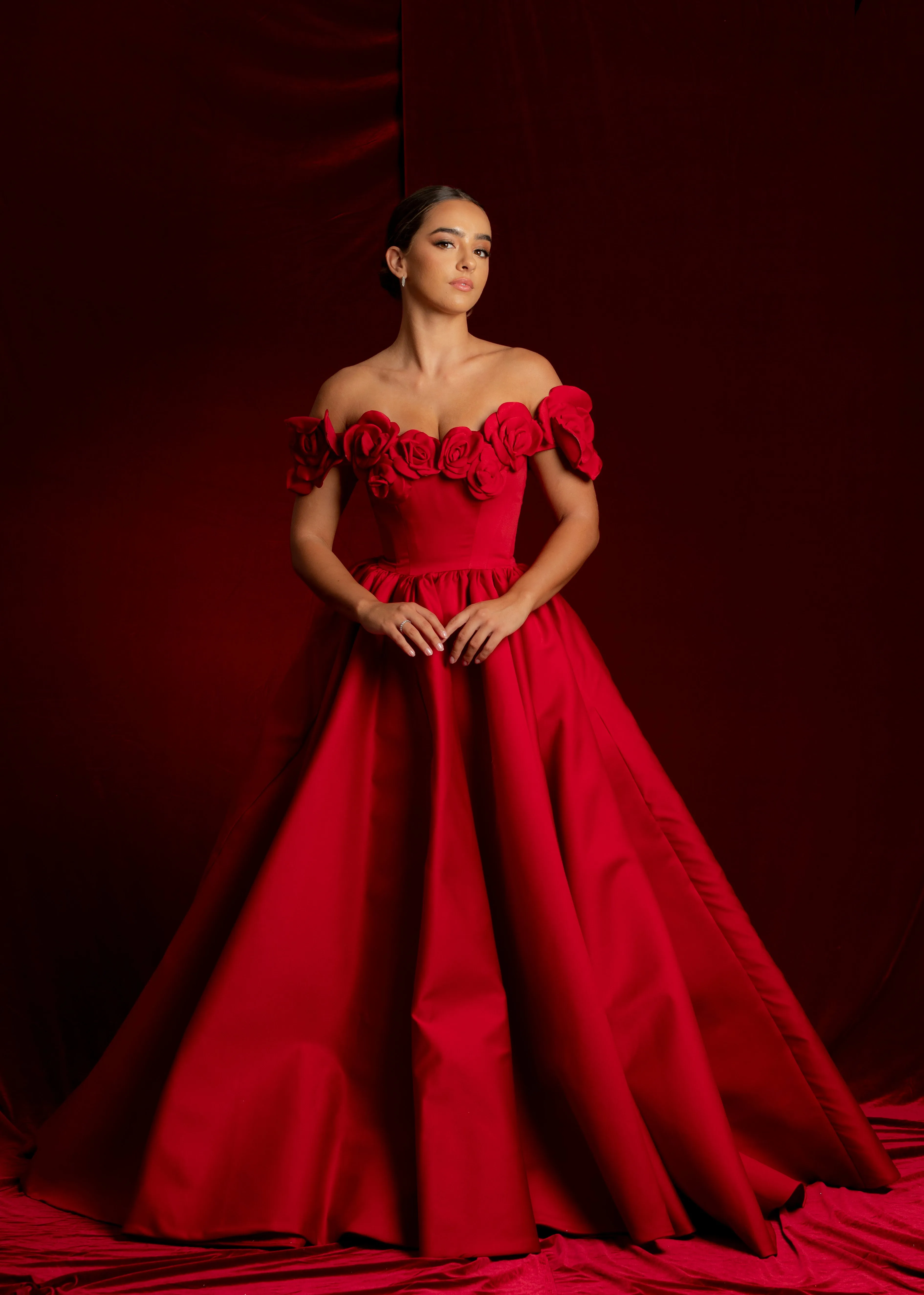 Satin red dress with 3D rose off the shoulder sleeves