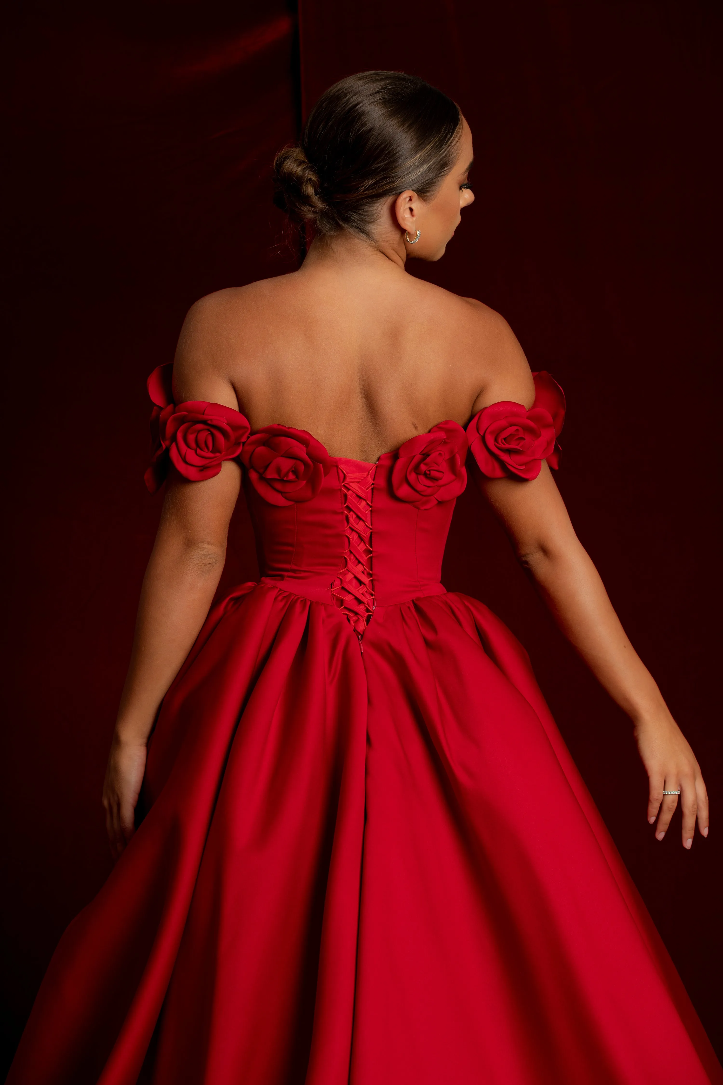 Satin red dress with 3D rose off the shoulder sleeves