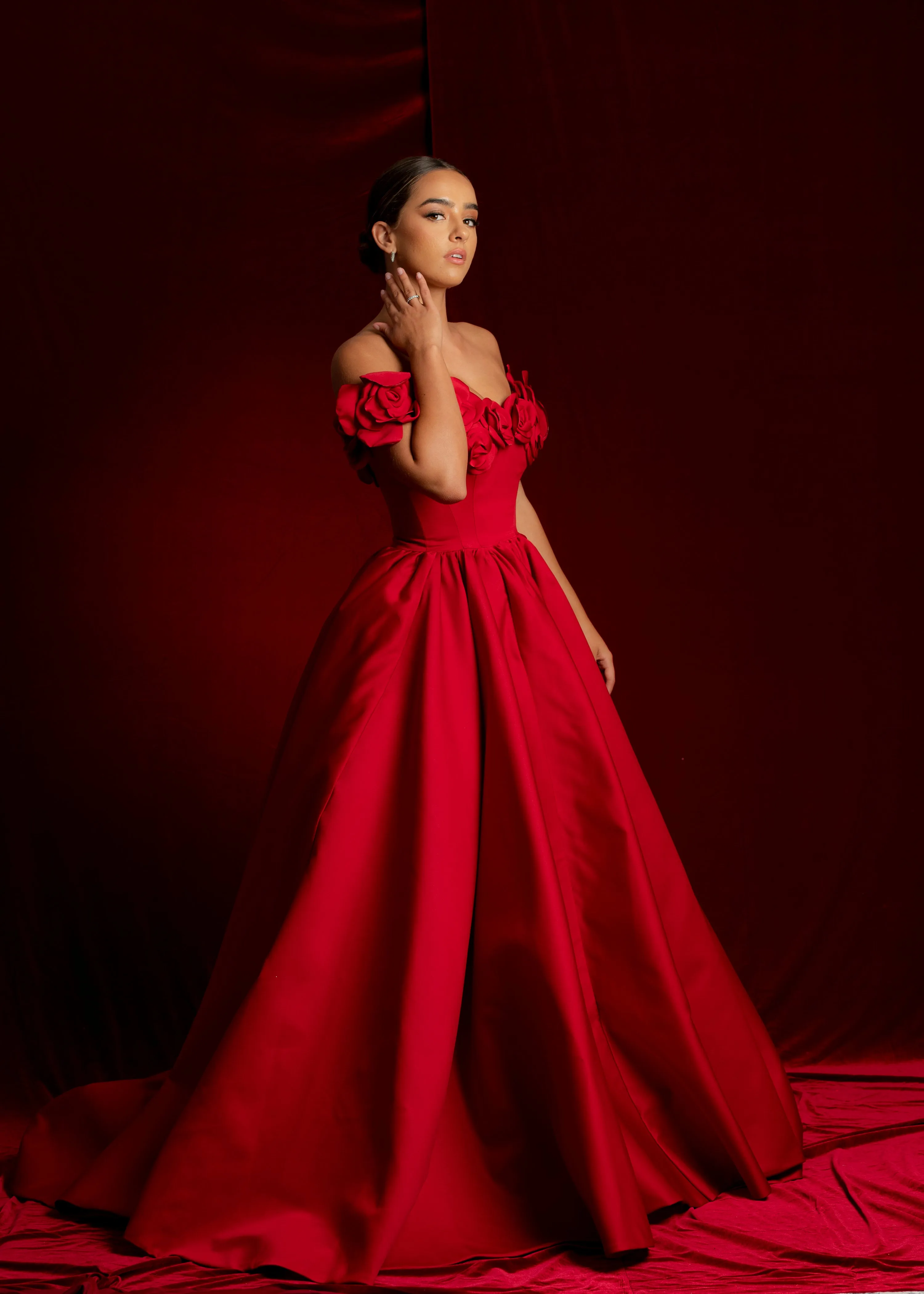 Satin red dress with 3D rose off the shoulder sleeves