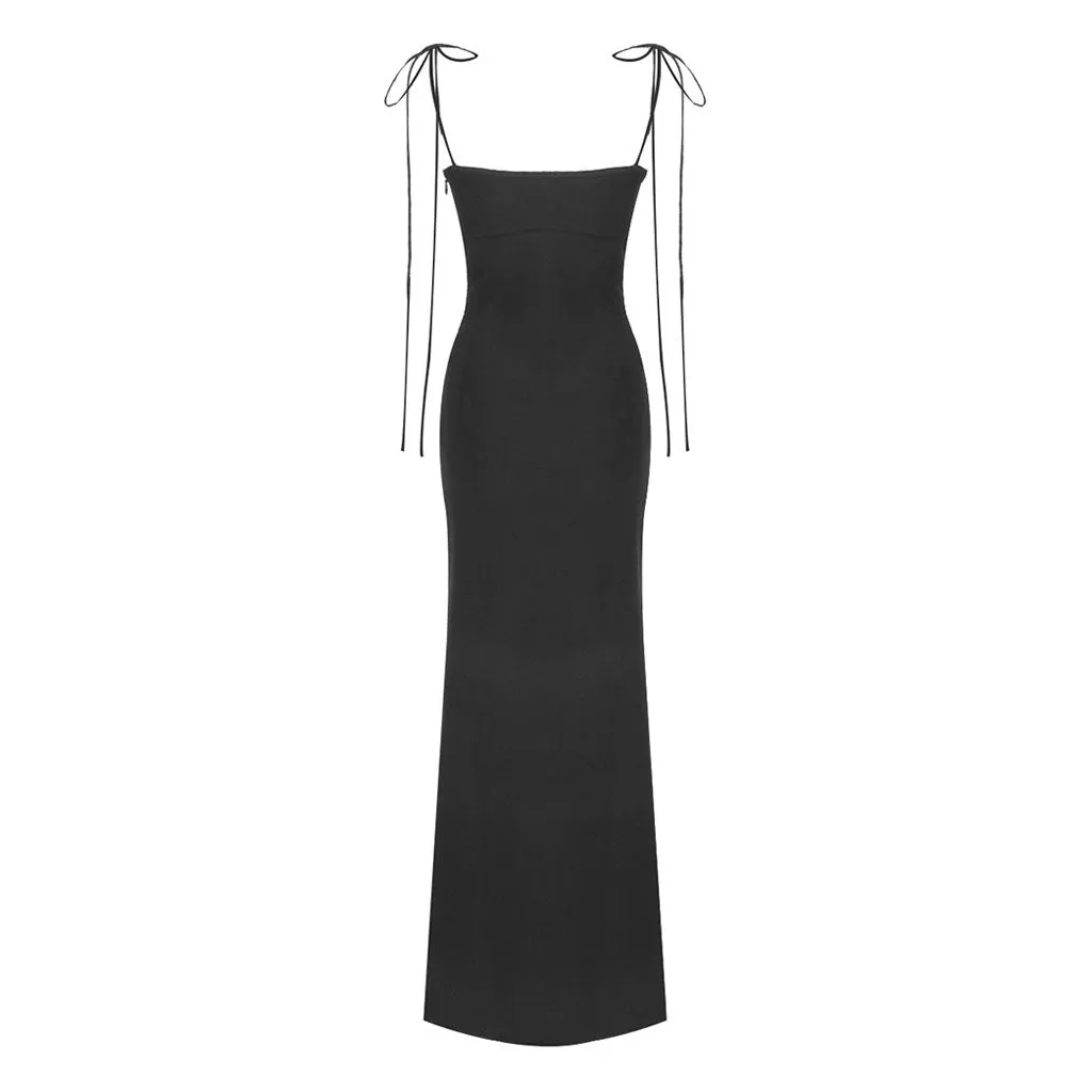 Sexy Shell Bra Notch Neck Tie Strap Sleeveless Bandage Fishtail Maxi Evening Dress