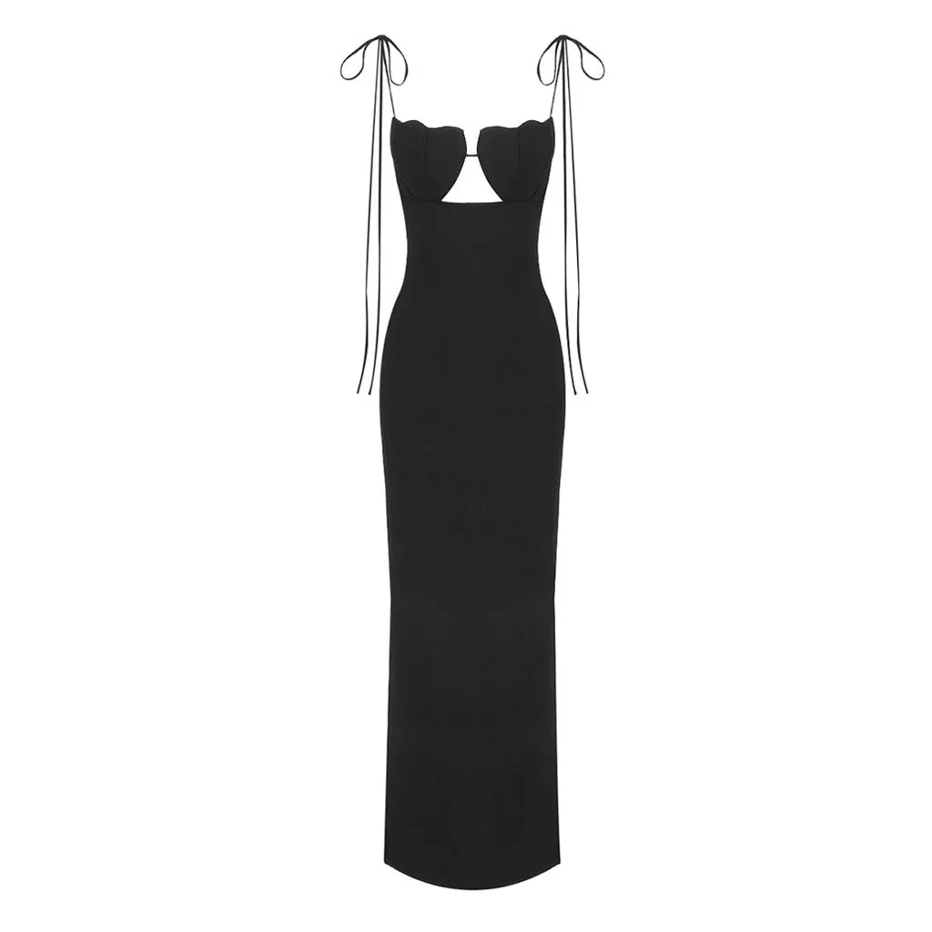 Sexy Shell Bra Notch Neck Tie Strap Sleeveless Bandage Fishtail Maxi Evening Dress