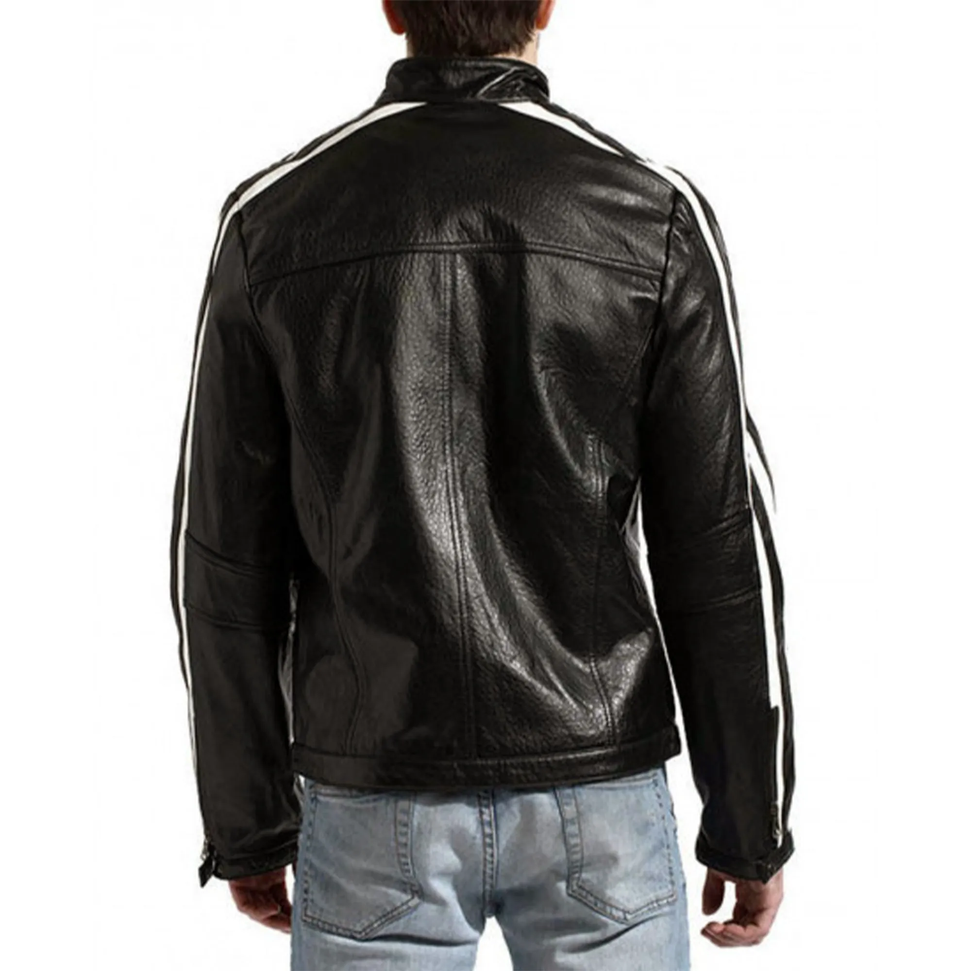 Snap Tab Collar Café Racer Leather Jacket Mens w/Striped Sleeves