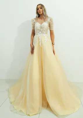 Sparkling light gold tulle princess dress with sleeves