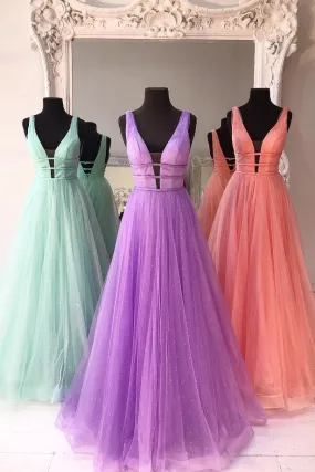 Sparkly A Line V Neck and V Back Mint Green/Lilac/Coral Prom Dresses with Thin Belt, Mint Green/Lilac/Coral Formal Graduation Evening Dresses