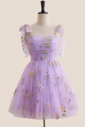 Straps Lavender Floral Ruched Tulle Short Dress