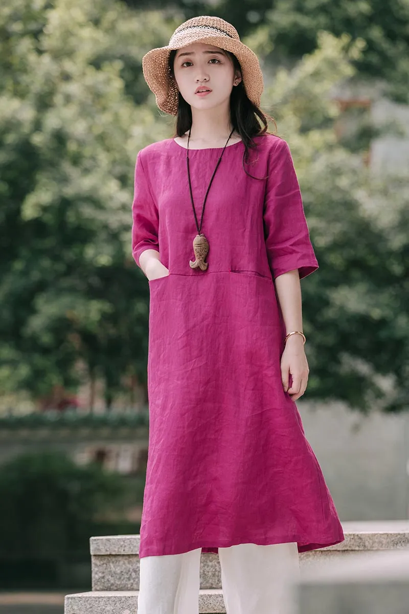 Summer new dress linen dress with crew and mid sleeves CYM377