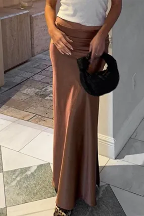 TastyHottie - Brown Satin Low-Rise Slit Midi Skirt