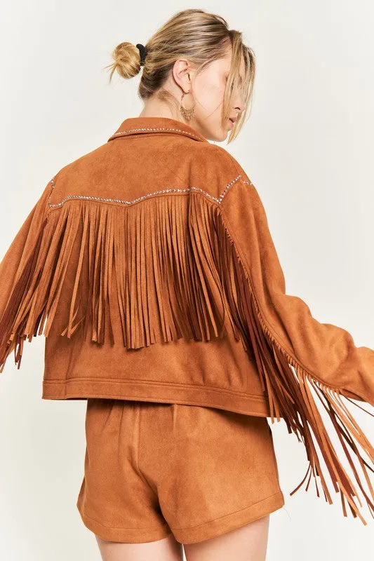 TEEK - Plus Size Suede Studded Fringe Jacket