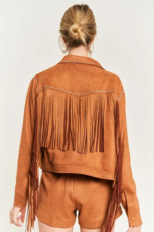 TEEK - Plus Size Suede Studded Fringe Jacket