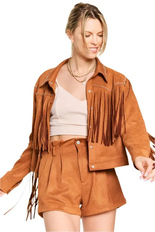 TEEK - Plus Size Suede Studded Fringe Jacket