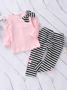 Toddler Big Girl 2-piece Outfit Bow Pink T-shirt Black & White Striped Pants