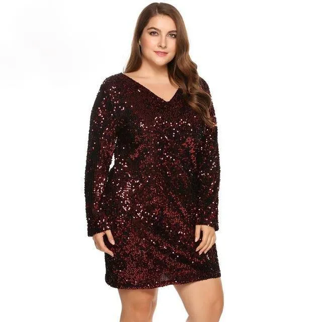 Trendy Sexy Ladies' Long Sleeve V-neck Sequined Bodycon Dress For Cocktail Club